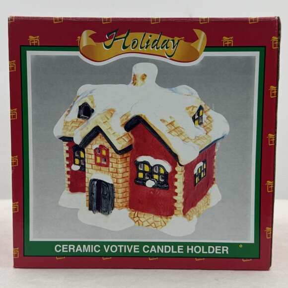 World Bazaars Ceramic Holiday House Votive Candle Holder Christmas Village w/Box - Picture 2 of 15
